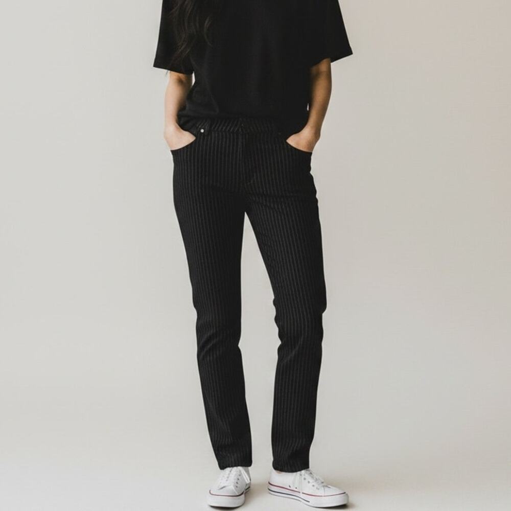 DKNY Jeans Straight Leg Pants NWT Women's Sz M Black Stripe Minimalist Corpcore